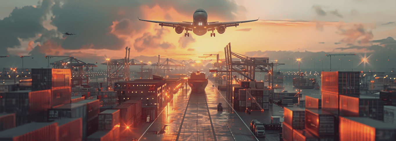 Самолет взлетает над портом с термозависимыми грузами в контейнерах Biocard - перевозки с температурным режимом по РФ, миру